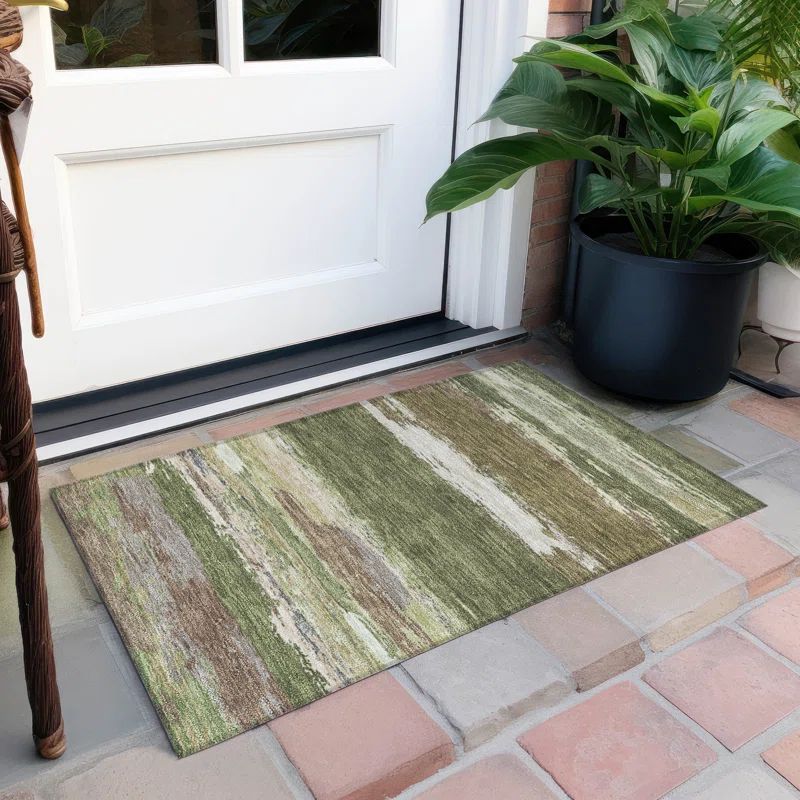 Green and Beige Rectangular Synthetic Washable Rug