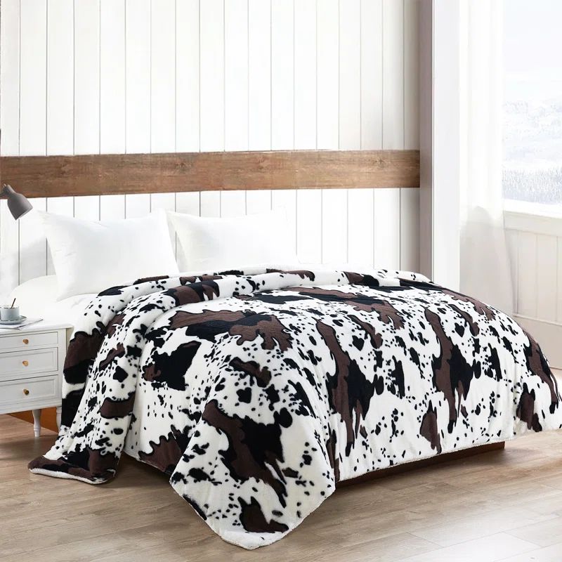 Full Cow Flowers Faux Fur Sherpa Reversible Blanket