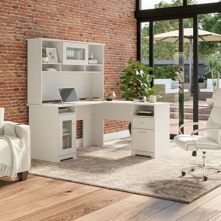 White L-Shaped Wood Composite Desk with Hutch and Filing Cabinet