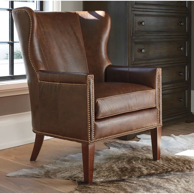Barclay Butera Sumatra Brown Leather Wingback Chair with Old Brass Nailhead