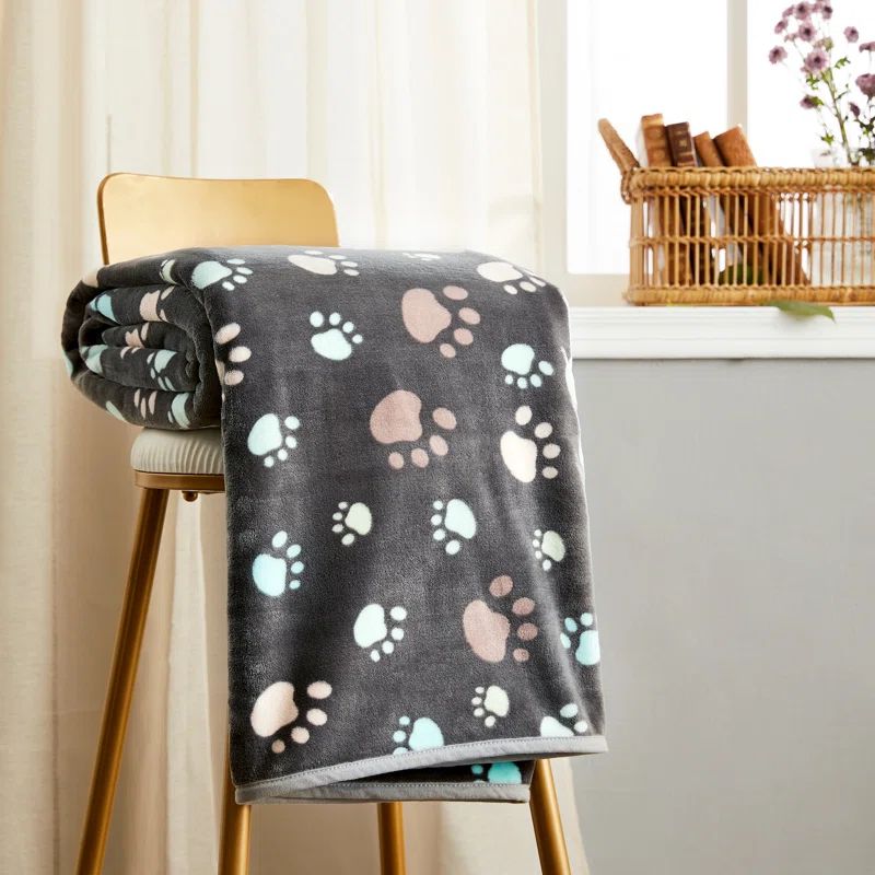 Gray Reversible Fleece Pet Blanket with Paw Prints