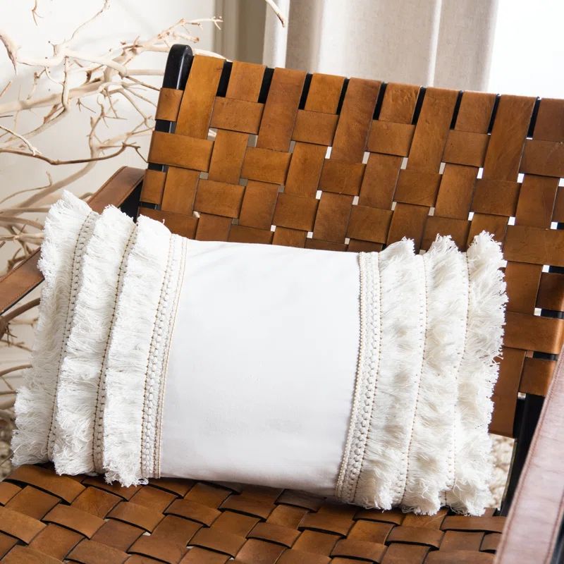 Cream Frayed Bohemian Lumbar Decorative Pillow 12" x 20"
