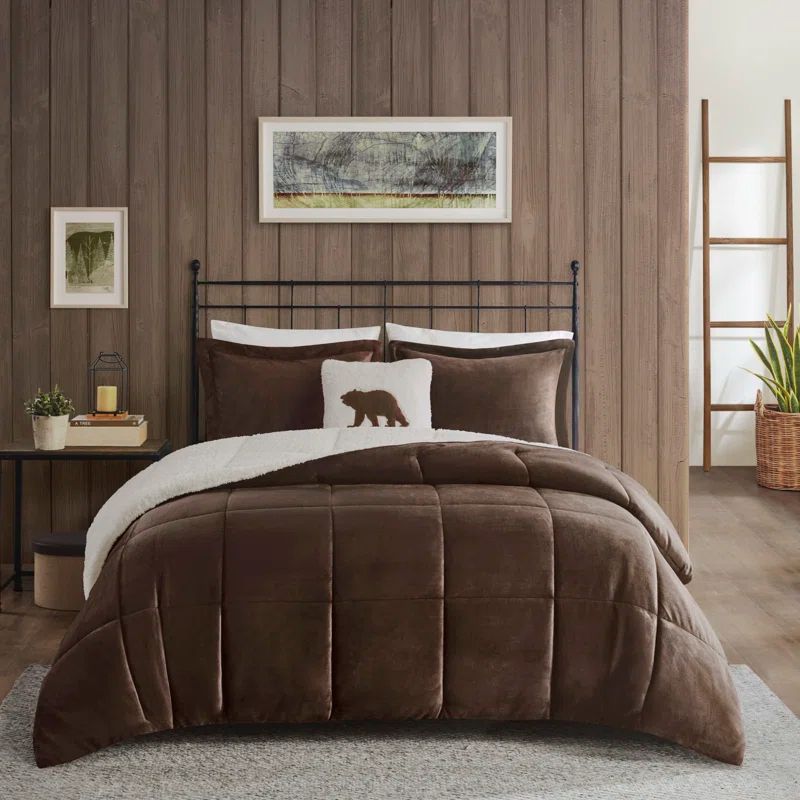 Full Brown/Ivory Plush to Sherpa Down Alternative Comforter Set