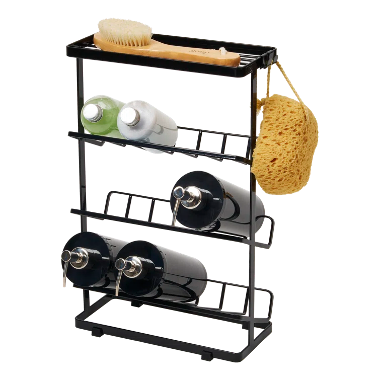 Black Steel Freestanding Shower Caddy with Hooks