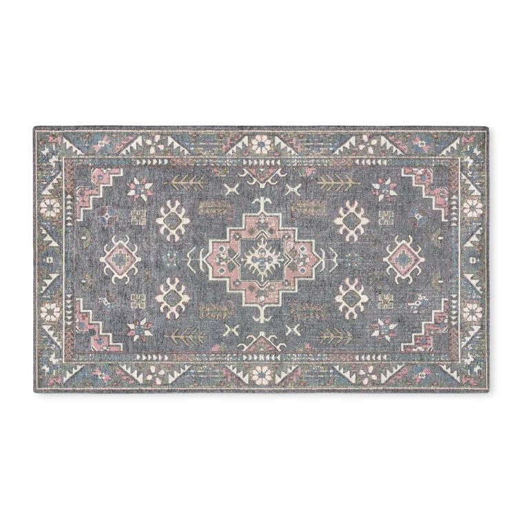 Grey and Rose Pink Cotton Synthetic Non-Slip Rectangular Rug
