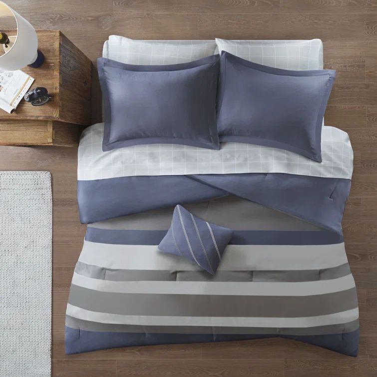 Queen Blue Microfiber Striped Comforter Set with Sheets