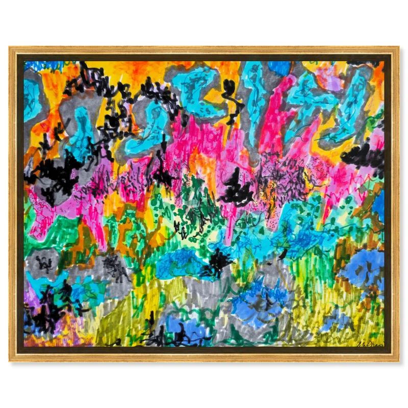 Large Colorful Abstract Canvas Art with Gold Frame