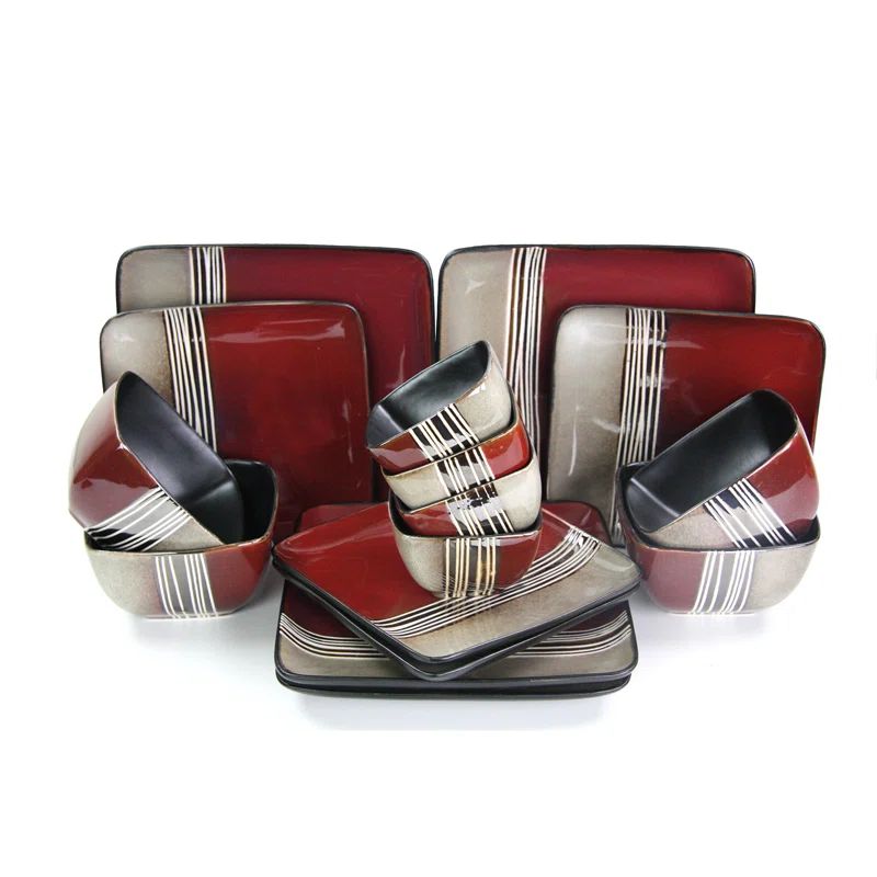 Red and Tan Ceramic 16-Piece Dinnerware Set for 4
