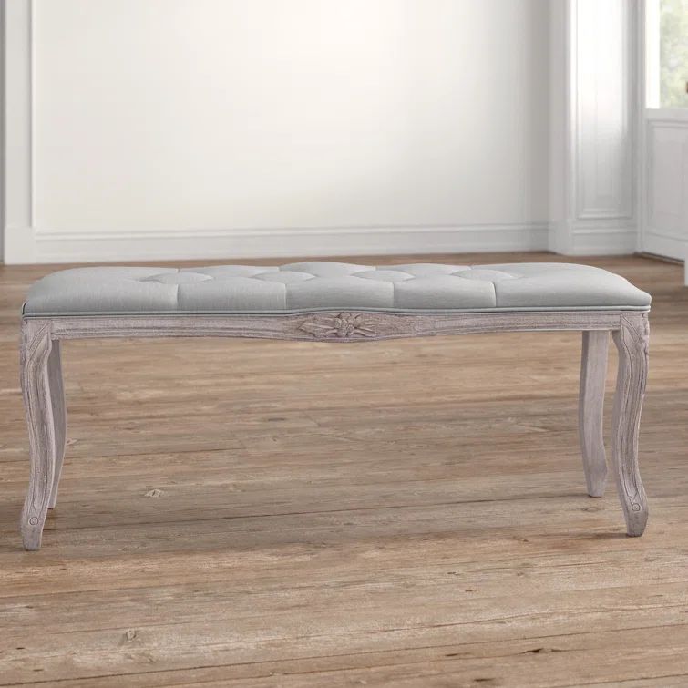 Vintage French Elegance Cream Tufted Bench with Gray Wood Legs
