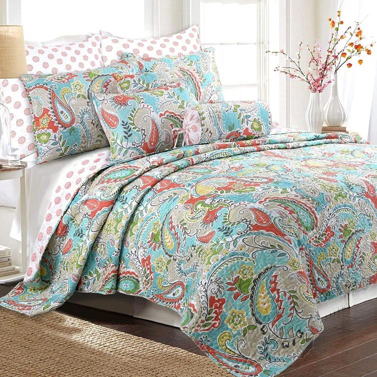 King Size Blue and Coral Microfiber Reversible Quilt Set