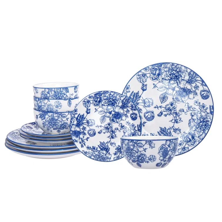 White and Blue Porcelain 12-Piece Dinnerware Set, Service for 4