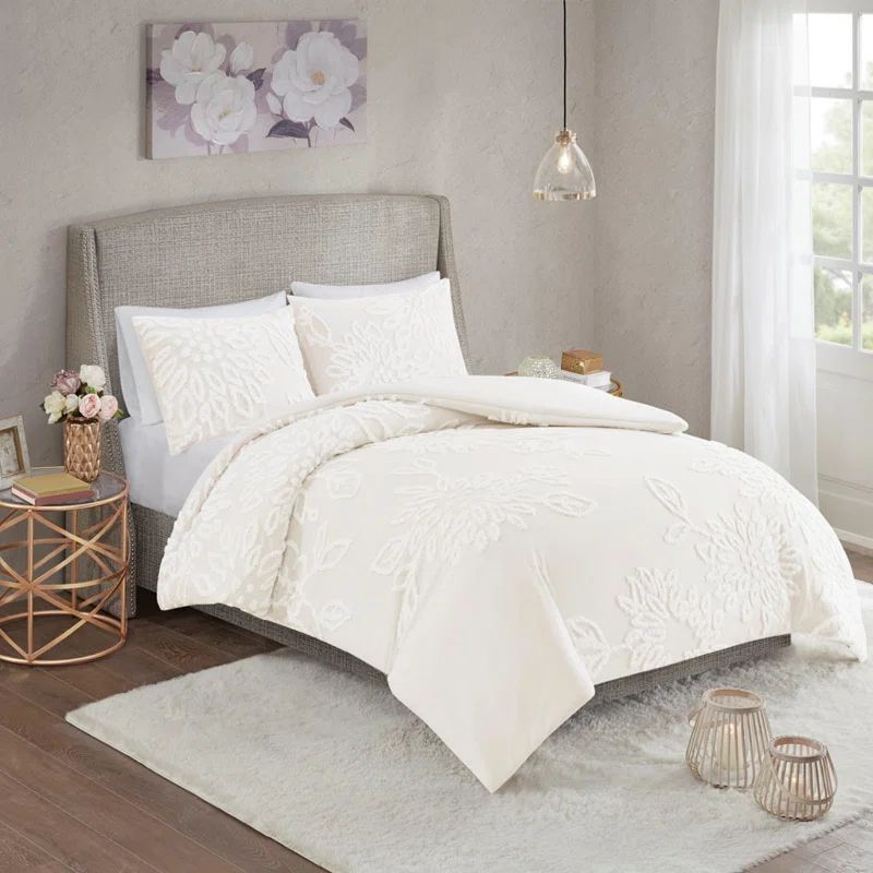 Elegant Off-White Cotton Chenille King Duvet Cover Set with Floral Tufting