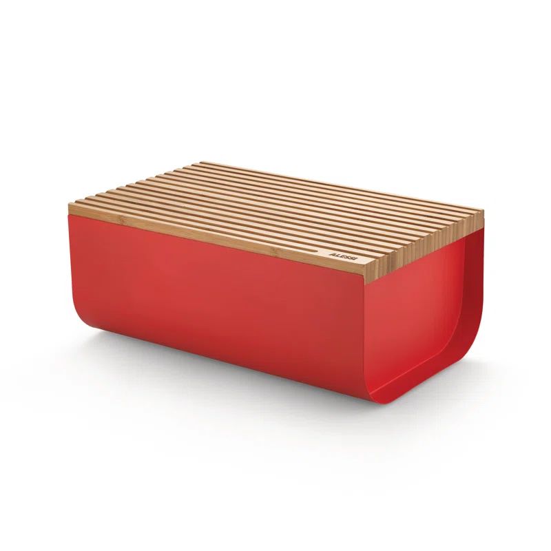 Red Epoxy Steel Bread Box with Bamboo Cutting Board Lid