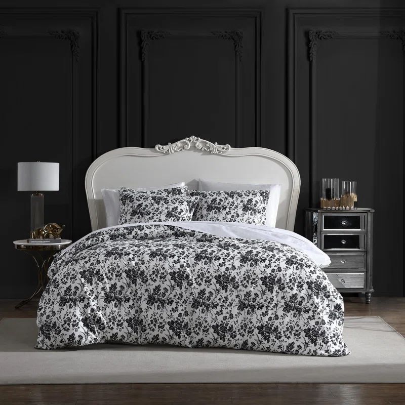 King Black and White Floral Polyester Duvet Cover Set