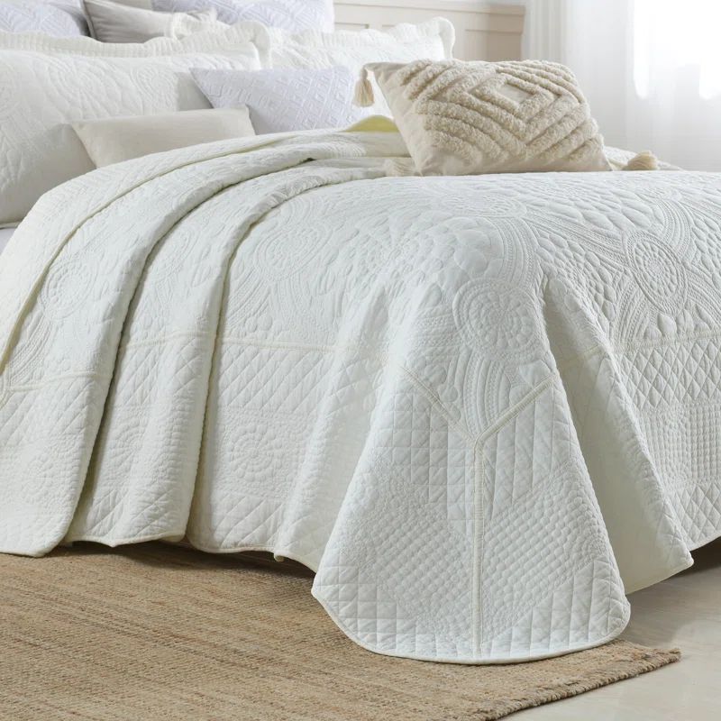 White Queen Cotton Embroidered Reversible Quilt Set