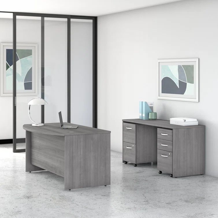 Platinum Gray Engineered Wood Office Desk Set with Mobile File Cabinets