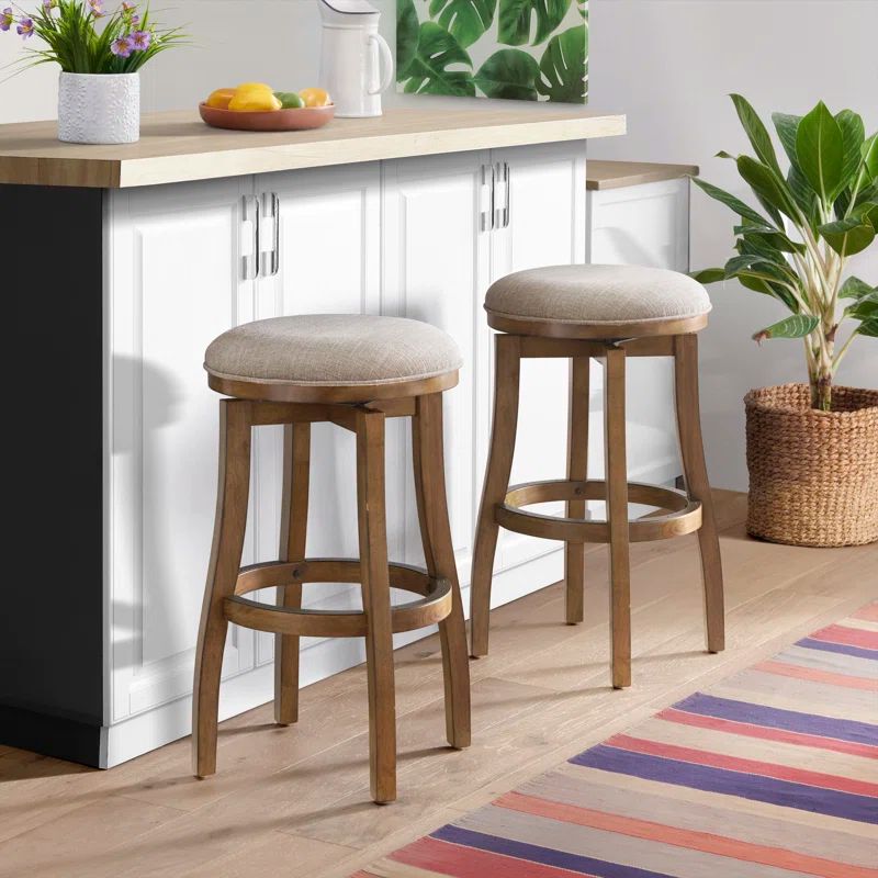 Ellie Brown Upholstered Swivel Backless Bar Stools with Rubberwood Frame