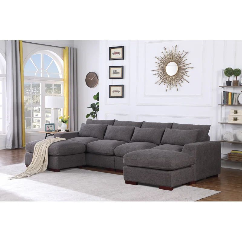 Laid-Back Gray Linen-Blend Modular Sofa with Ottoman and Toss Pillows