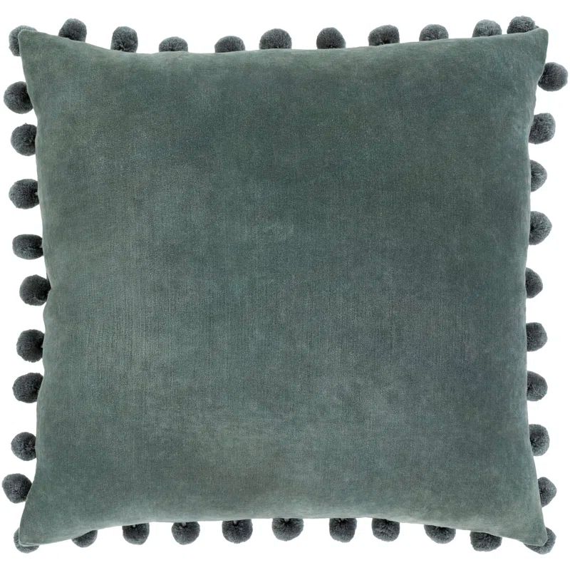 Sage Green Velvet Square Throw Pillow with Pom-Pom Trim