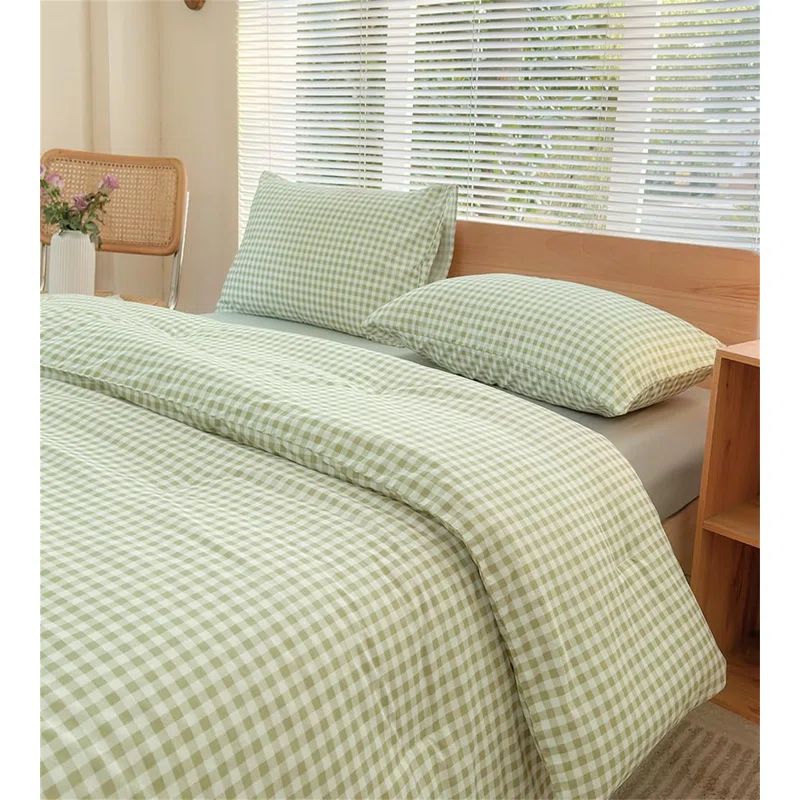 Sage Green Gingham Queen Comforter Set with Pillowcases
