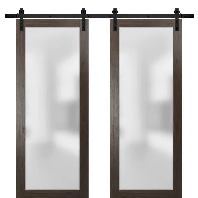 Chocolate Ash Double Sliding Barn Doors with Frosted Glass Panels