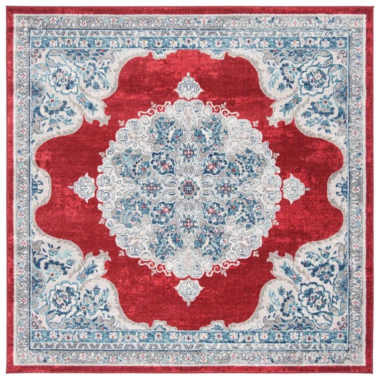 Hand-Knotted Red and Ivory Synthetic Square Rug