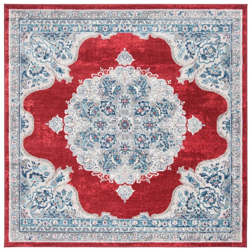 Hand-Knotted Red and Ivory Synthetic Square Rug