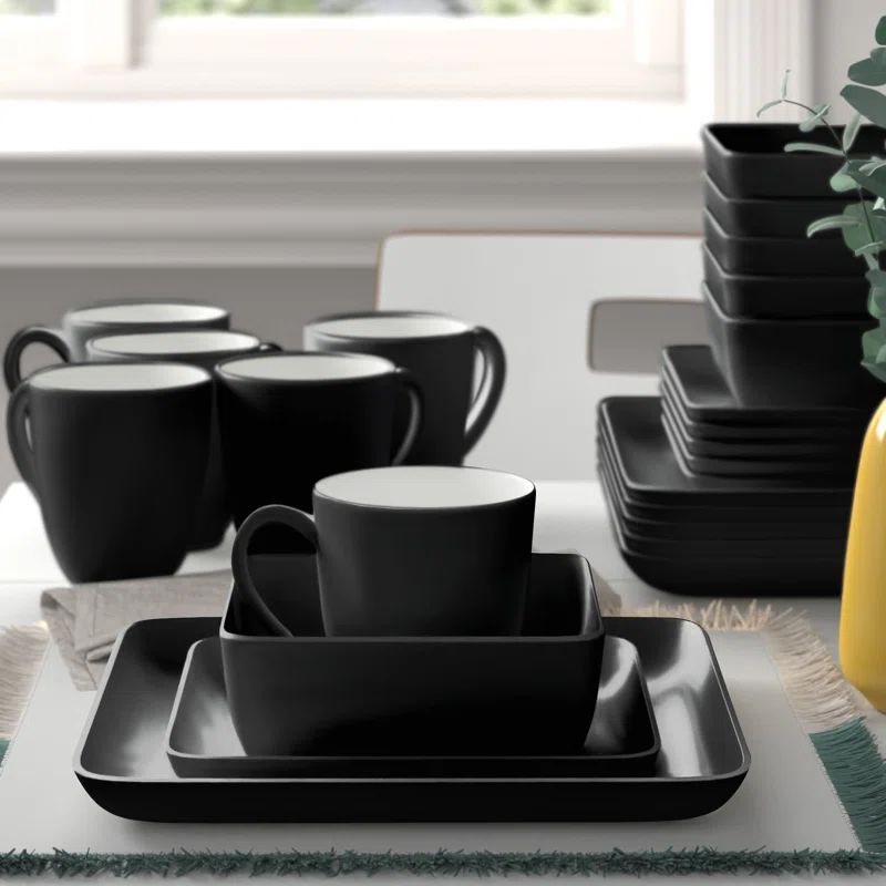 Amy 24-Piece Black Porcelain Square Dinnerware Set