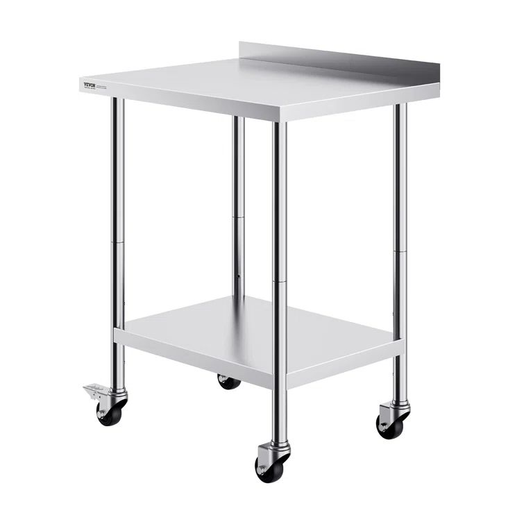 Silver Stainless Steel Adjustable Height Kitchen Prep Table with Casters