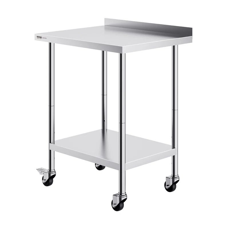 Silver Stainless Steel Adjustable Height Kitchen Prep Table with Casters