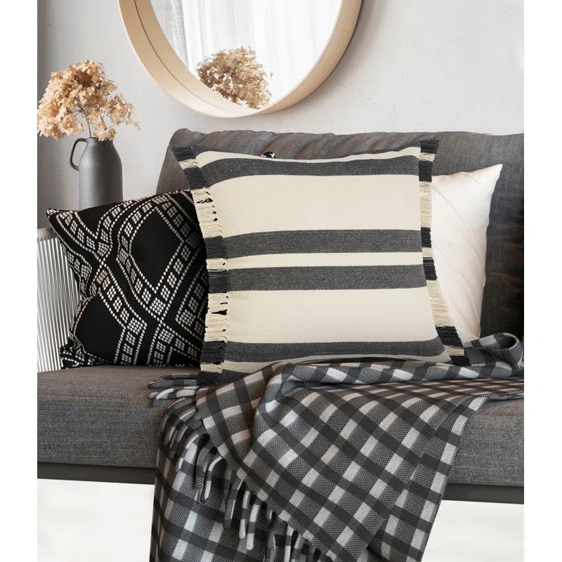 Gray and White 20" Square Striped Fringe Throw Pillow