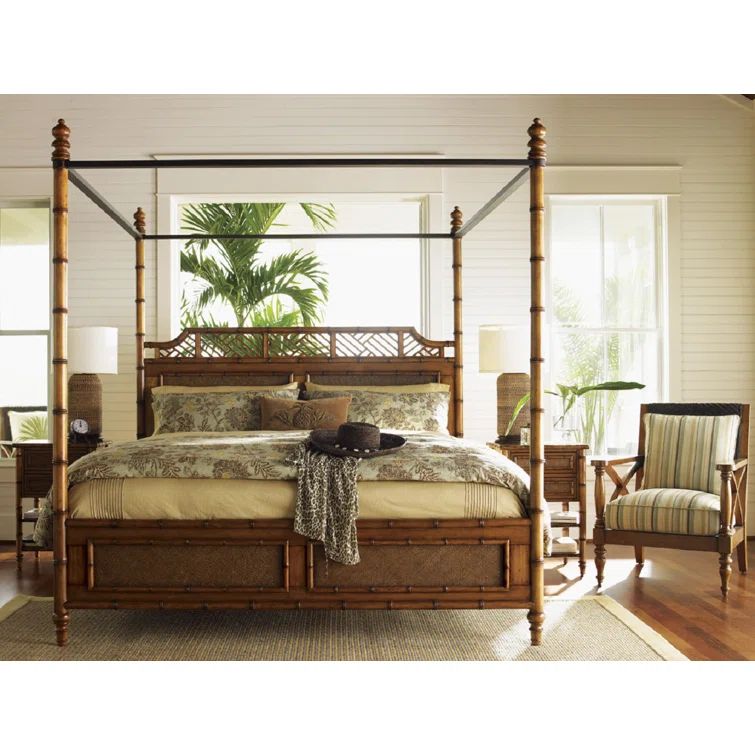 Queen Coastal Brown Wood Upholstered Canopy Bed with Storage