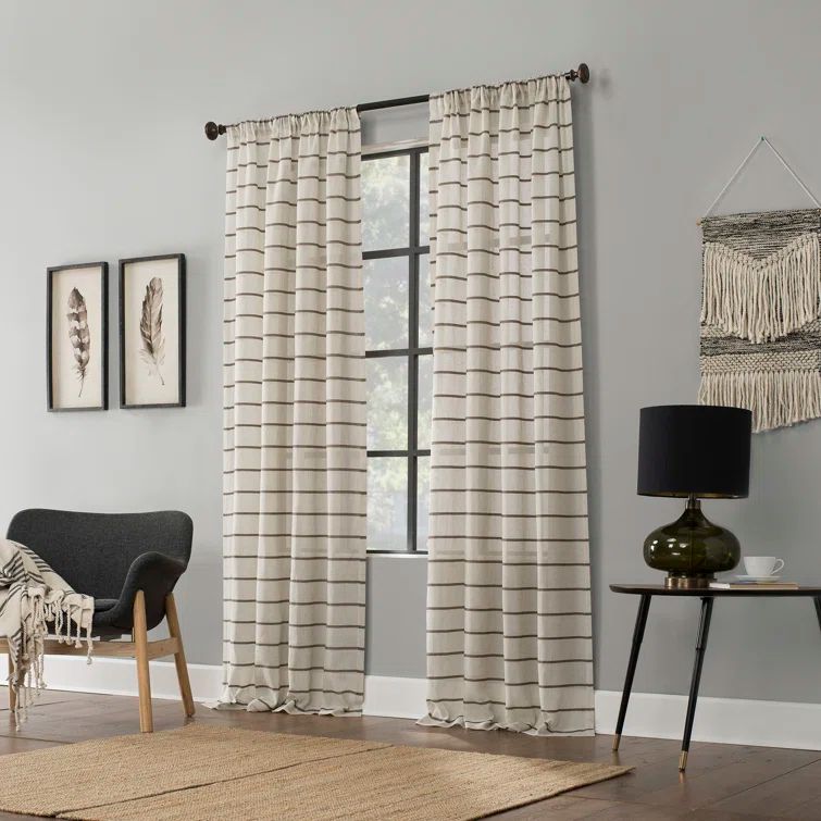 Mocha Linen Blend Twill Stripe Sheer Curtain Panel