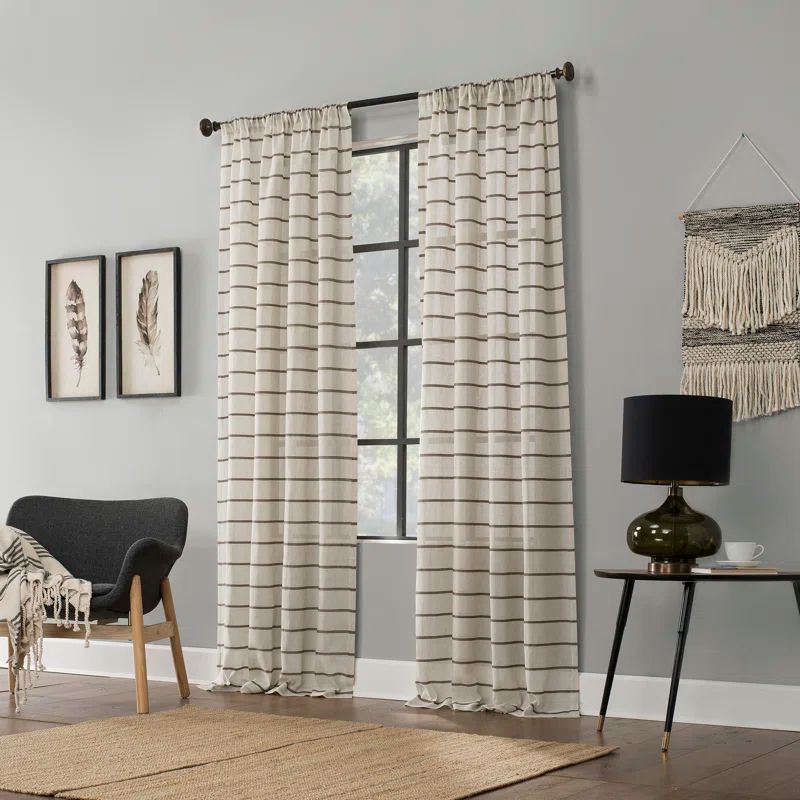 Mocha Linen Blend Sheer Twill Stripe Curtain Panel