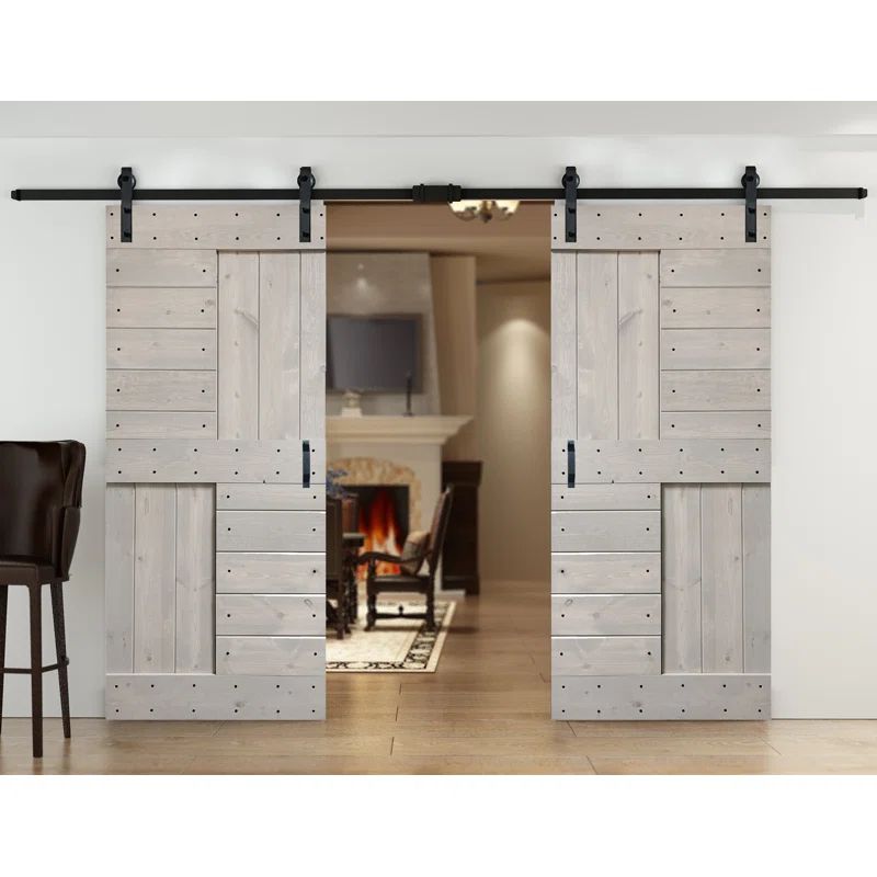 Coast Sequoia 72" x 84" Light Gray Knotty Pine Wood Double Sliding Barn Door with Hardware Kit