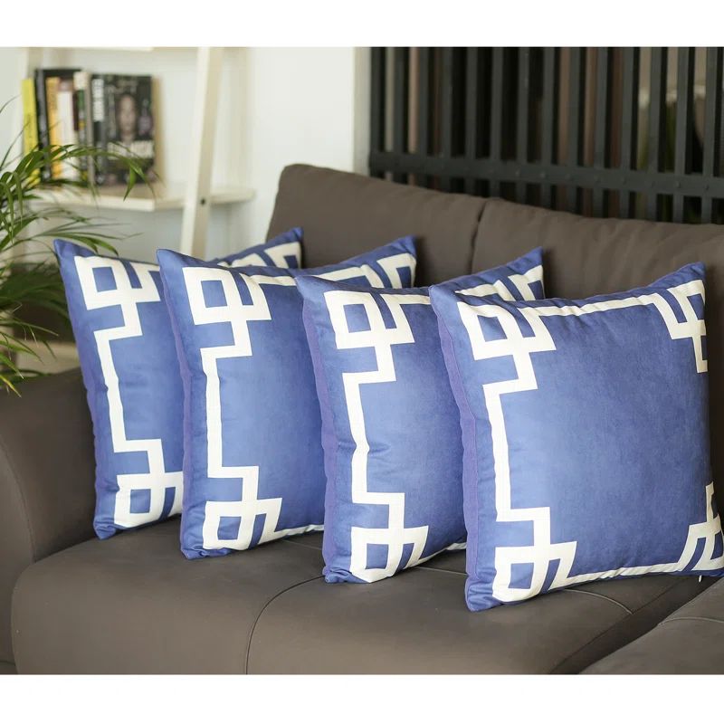 Geometric Blue and White Polyester Euro Pillow Covers Set of 4