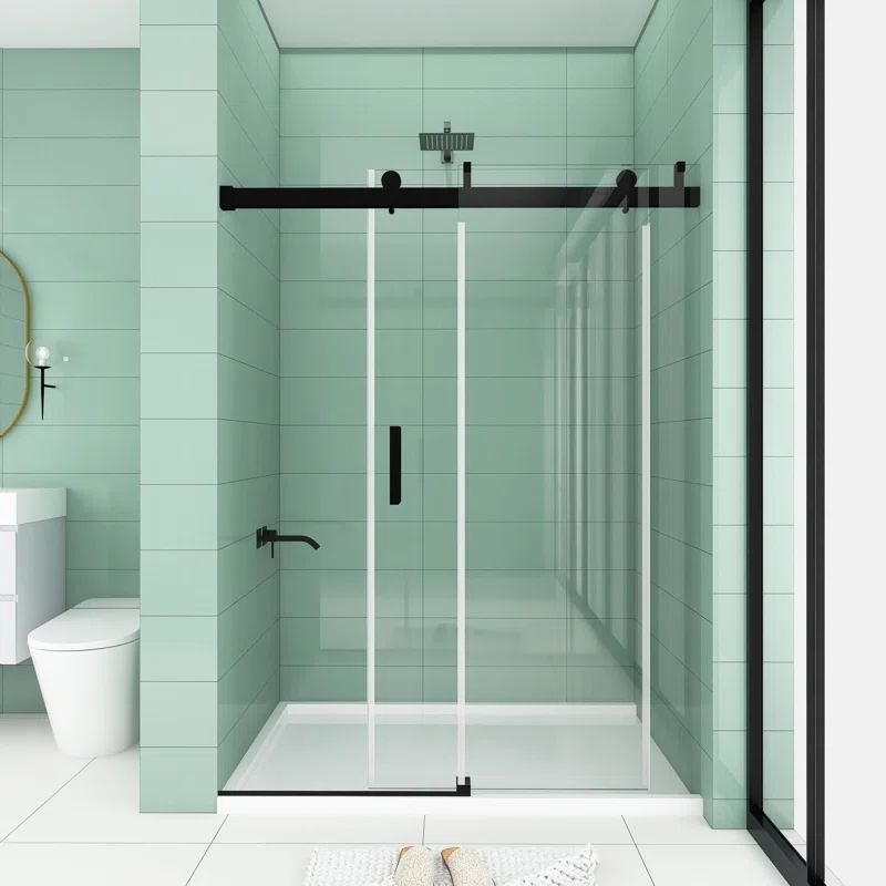 Matte Black Frameless Sliding Shower Door with Clear Tempered Glass