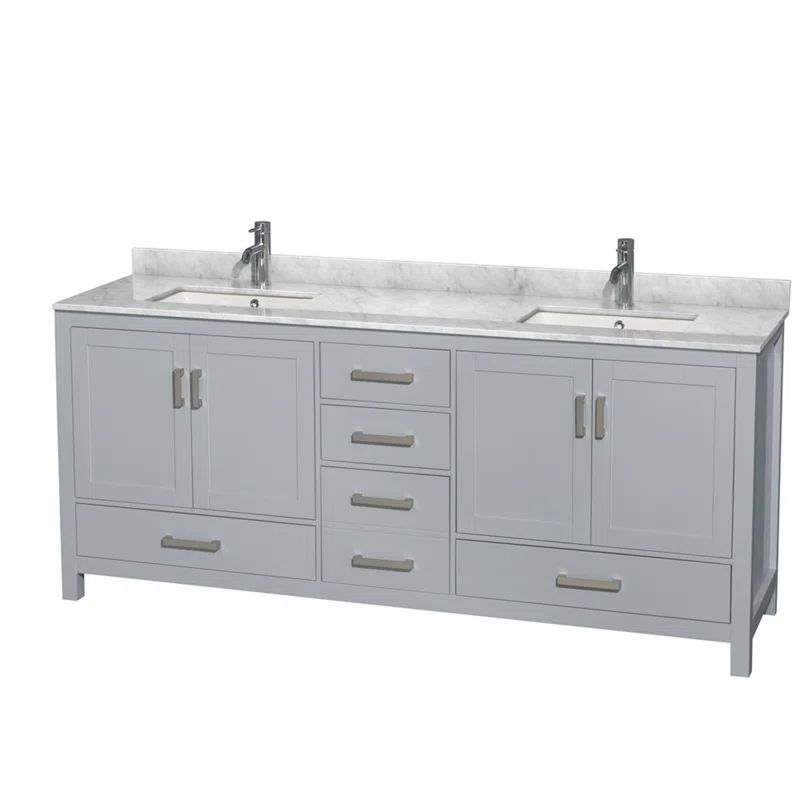 Sheffield 80'' Gray Solid Wood Double Bathroom Vanity with White Marble Top