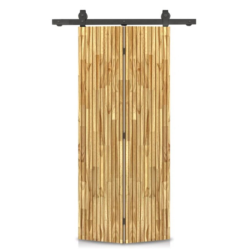 Weather Oak Stained Pine Wood Bi-Fold Barn Door with Sliding Hardware Kit
