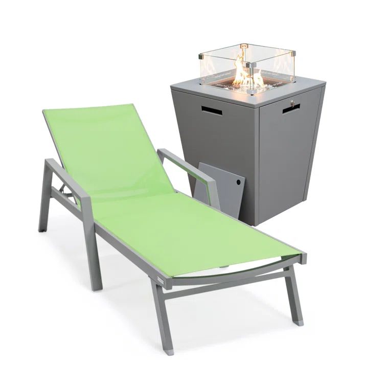 Modern Green Aluminum Chaise Lounge with Fire Pit Table