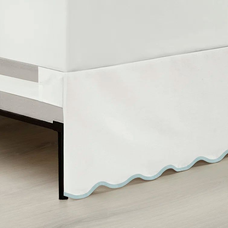 Queen White and Blue Cotton Linen Scallop Edge Bed Skirt