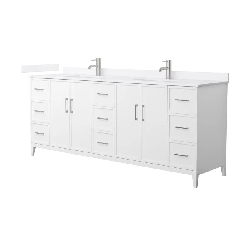 Elan 84" White Double Vanity with Quartz Countertop and Brushed Nickel Trim