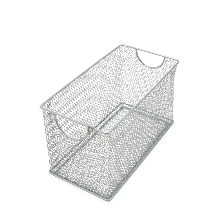 Silver Mesh Open Bin Storage Basket with Handles, 12" x 7.75" x 5.8"
