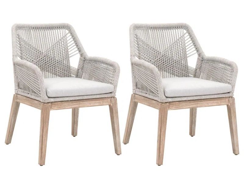 Coastal Elegance Woven Rope Back Metal Armchair with Teak Legs, Gray and Brown