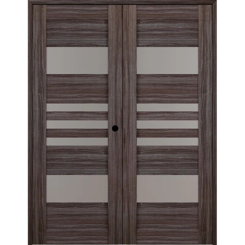 Gray Oak Solid and Manufactured Wood Paneled Double French Door with Frosted Glass