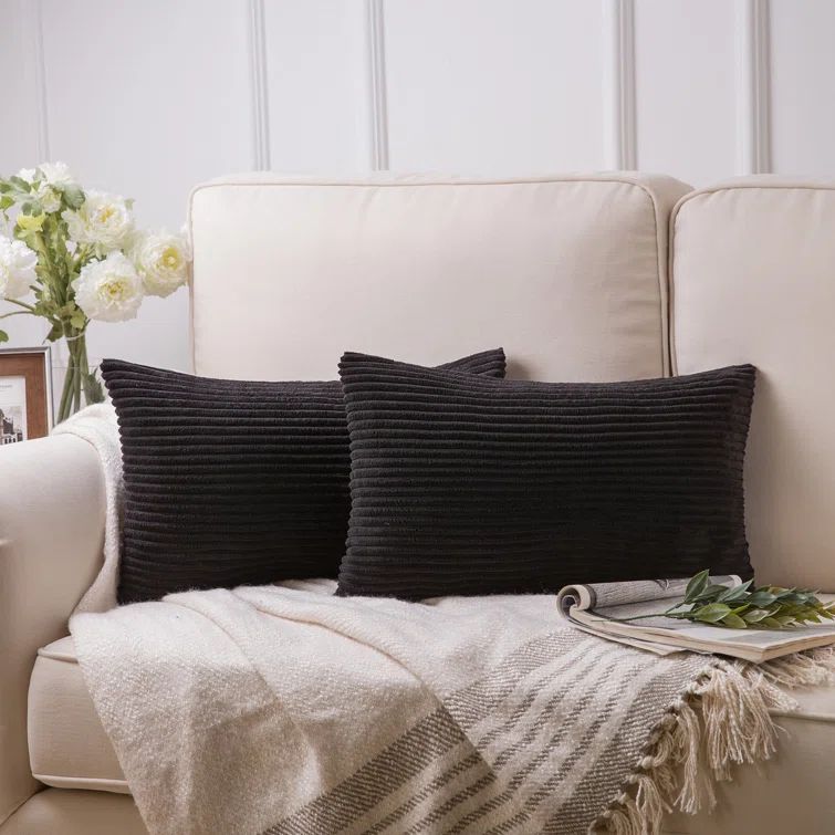 Black Corduroy Striped Polyester Throw Pillow Covers Set of 2