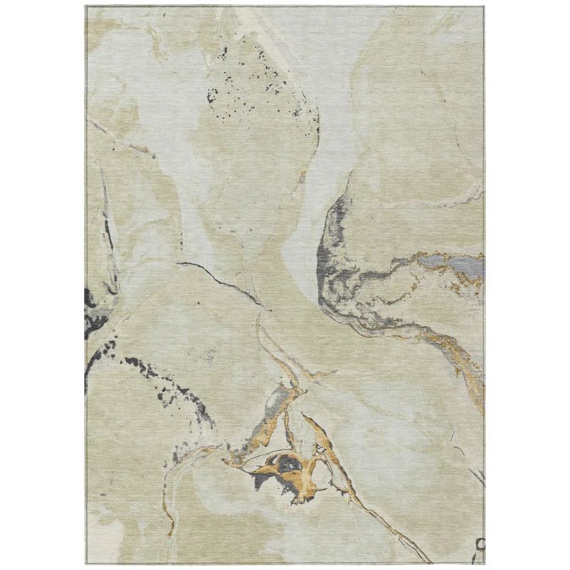 Ivory Abstract Washable Synthetic Rectangular Rug 3' x 5'
