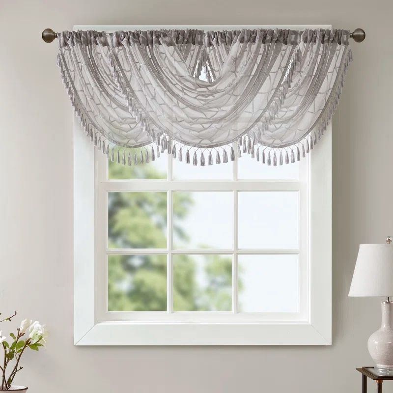 Gray Diamond Sheer Embroidered Waterfall Valance