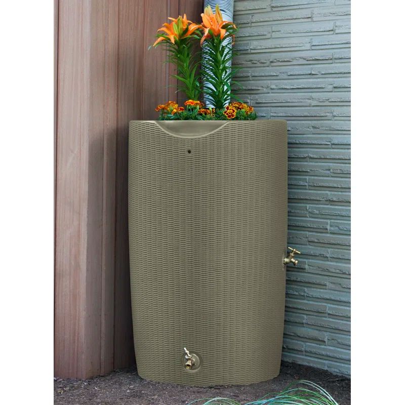 Desert Sand Wicker 50 Gallon Planter Rain Barrel with Brass Spigots