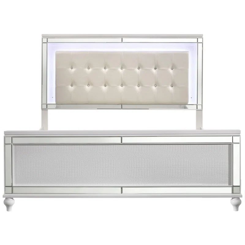 Lee King White Faux Leather Upholstered Bed with LED Headboard